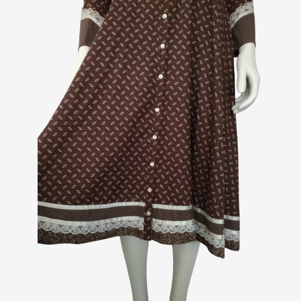 Vintage 70s Gunne Sax Brown Calico Puff Shoulder Button Down Prairie Dress - Picture 10 of 13